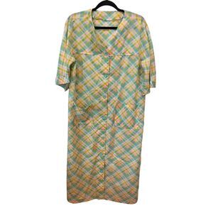 Vintage Button Up Loungewear Pockets Lightweight Plaid‎ Women's House Dress